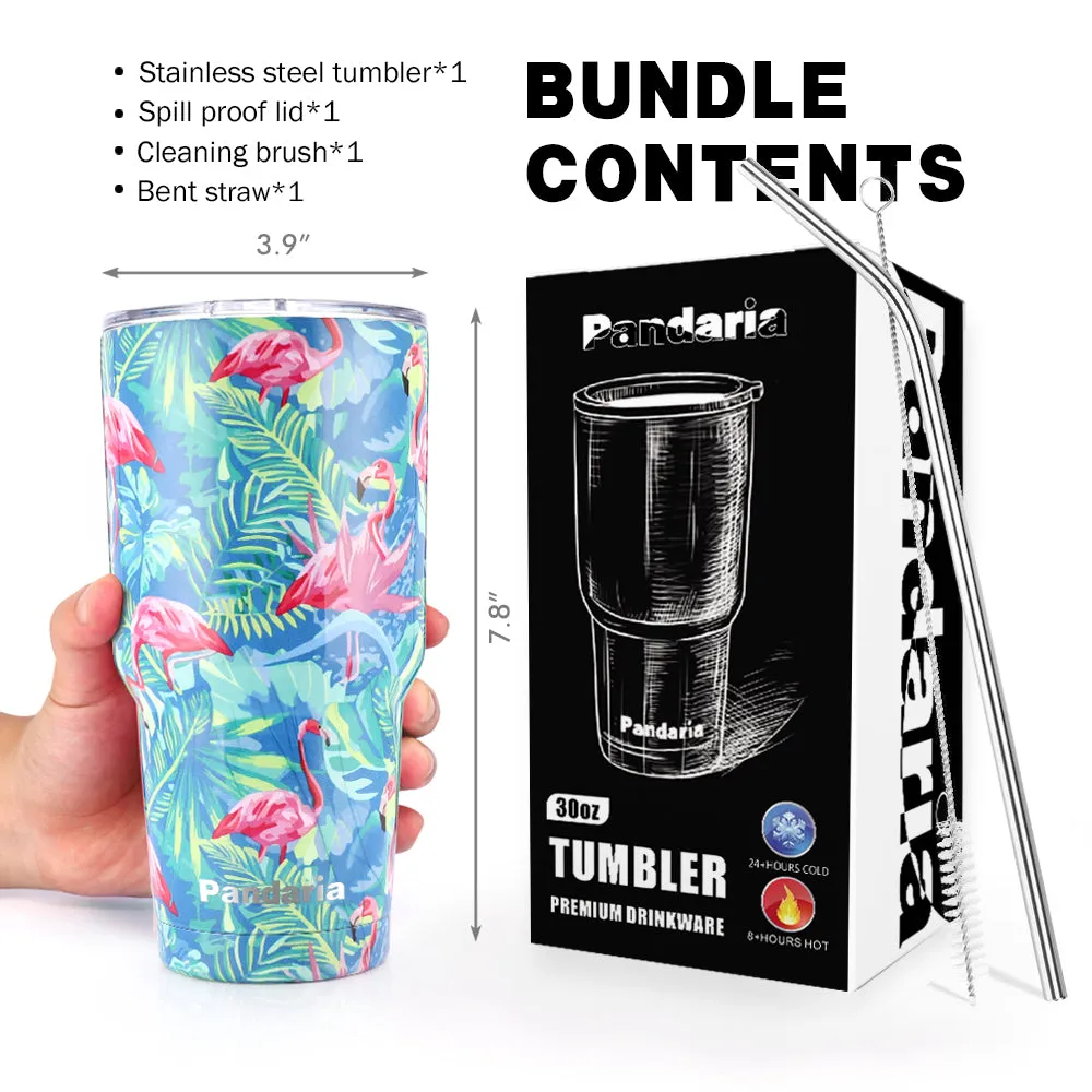 30oz Vacuum Insulated Tumbler Thermal Coffee Cup Large Travel Mug with Lid&Straw, Flamingo Blues