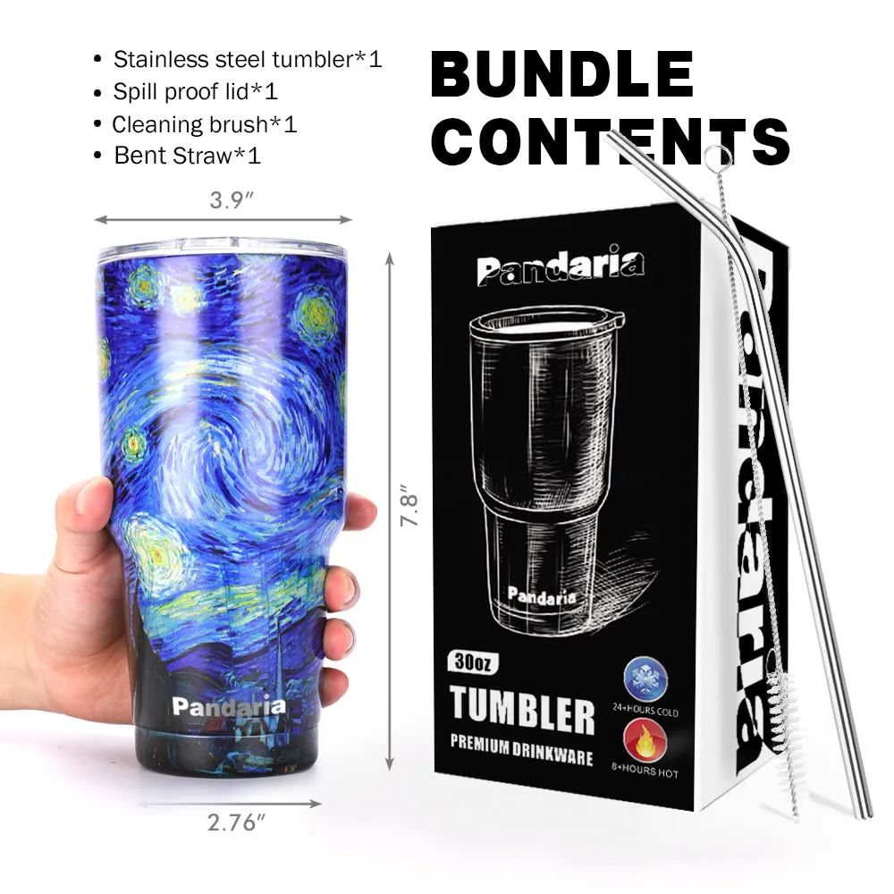 30oz Vacuum Insulated Tumbler Thermal Coffee Cup Large Travel Mug with Lid&Straw, Starry Night