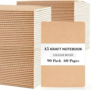 90 Pack Kraft Notebooks, Lined Travel Journals Note Pad, A5, 60 Pages, 8.3” X 5.5”