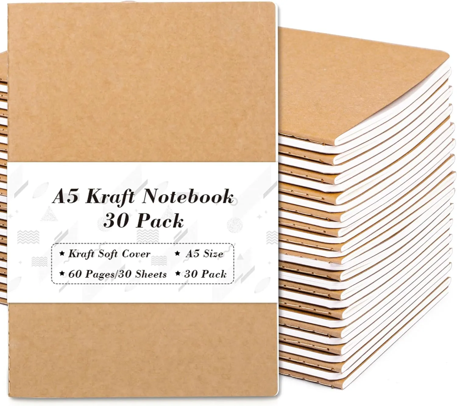 90 Pack Kraft Notebooks, Lined Travel Journals Note Pad, A5, 60 Pages, 8.3” X 5.5”