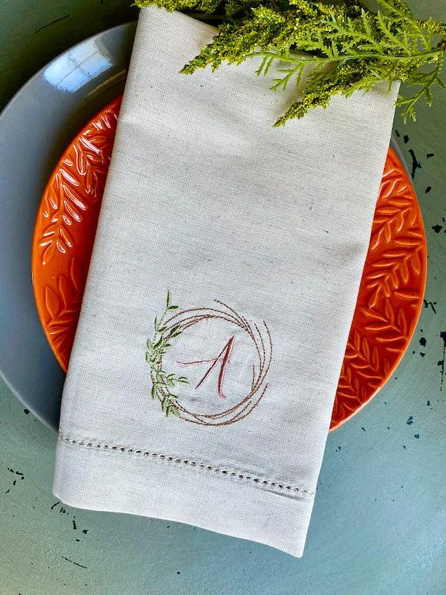 Autumn Leaf Wreath Monogrammed Cloth Napkins - Set of 4 napkins