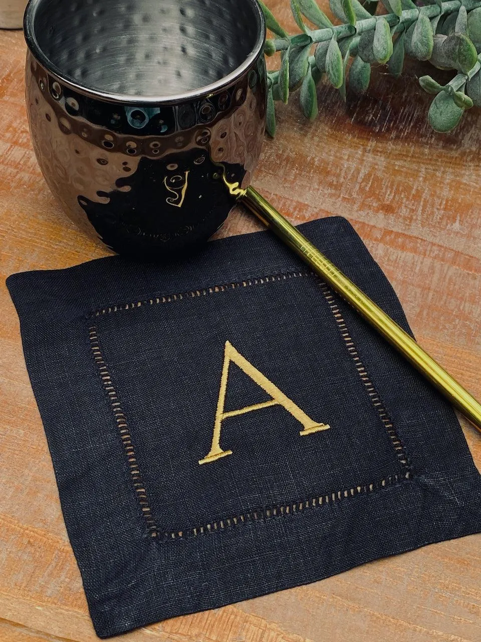 Black Monogrammed Linen Cocktail Napkins, Set of 4