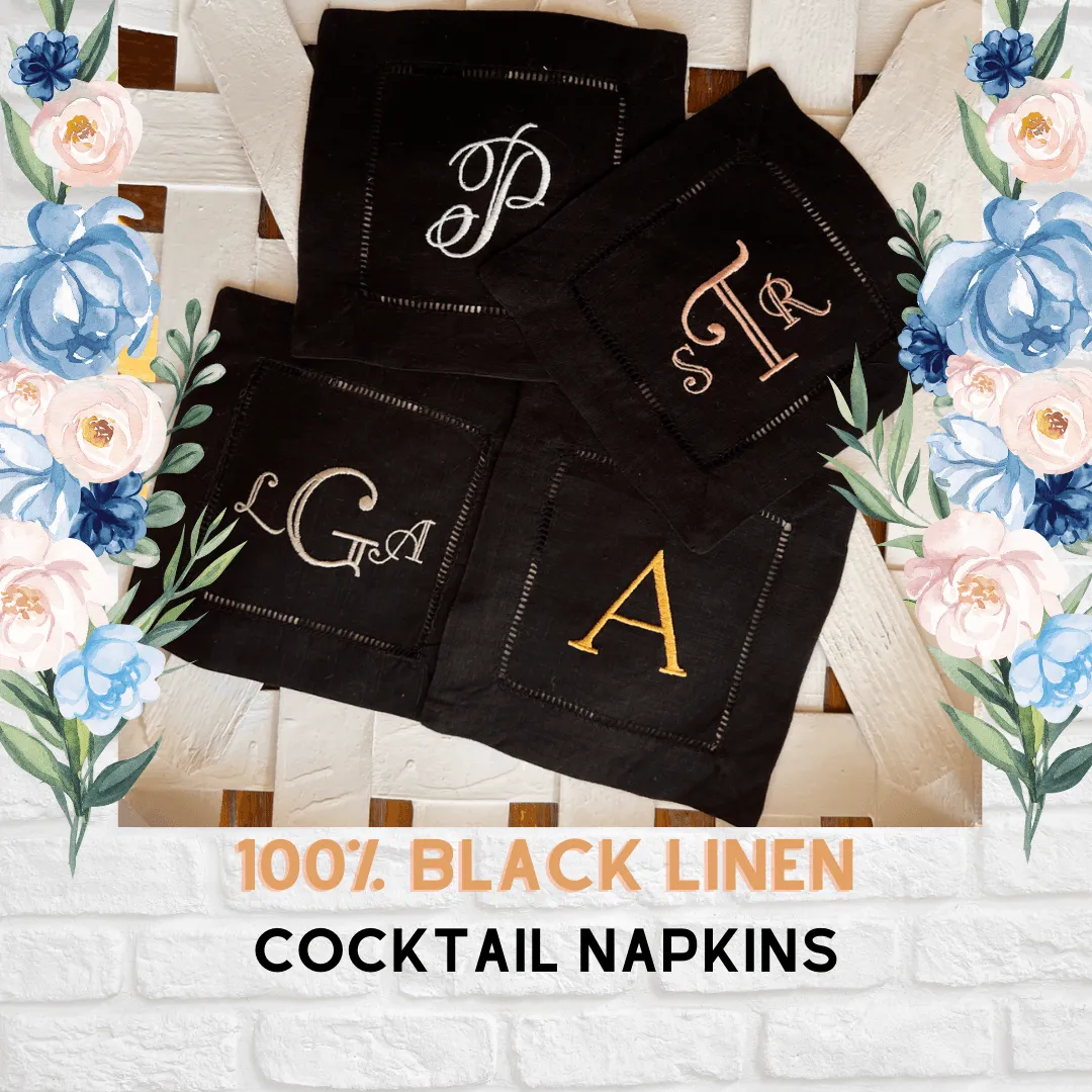 Black Monogrammed Linen Cocktail Napkins, Set of 4