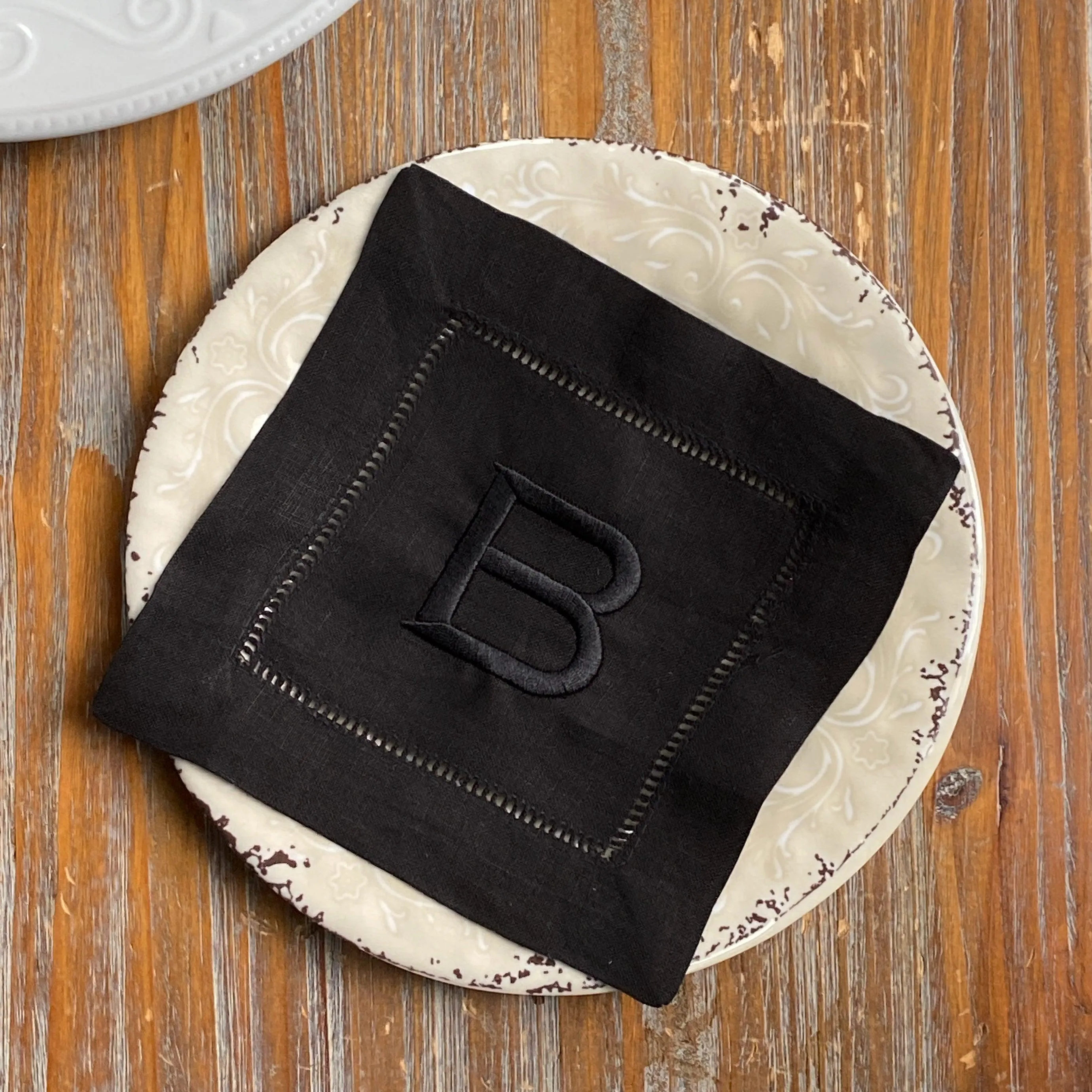 Black Monogrammed Linen Cocktail Napkins, Set of 4