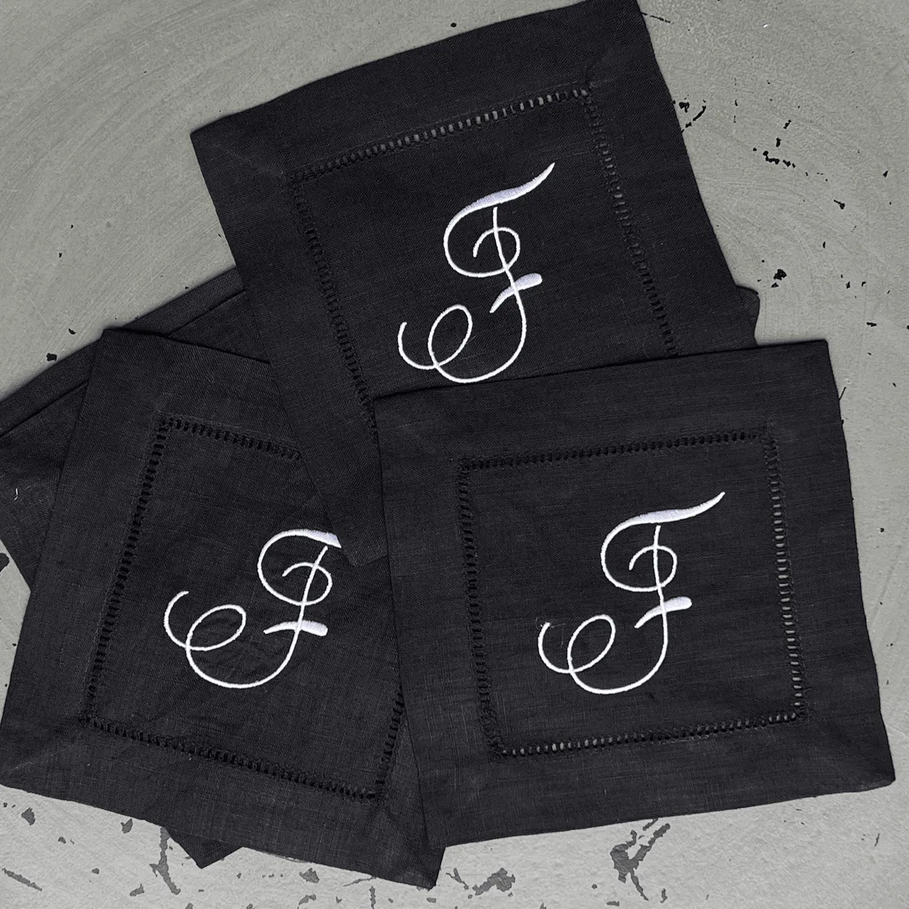 Black Monogrammed Linen Cocktail Napkins, Set of 4