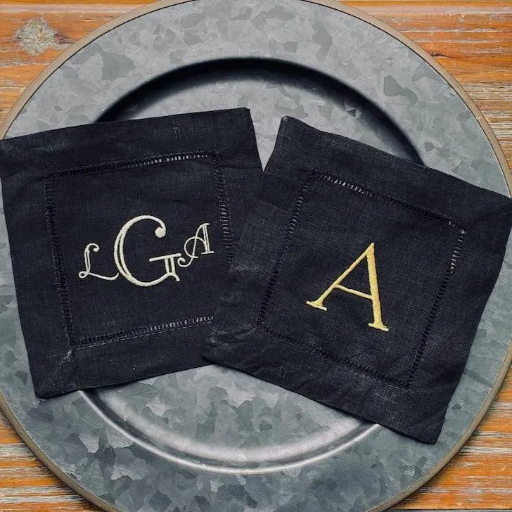 Black Monogrammed Linen Cocktail Napkins, Set of 4