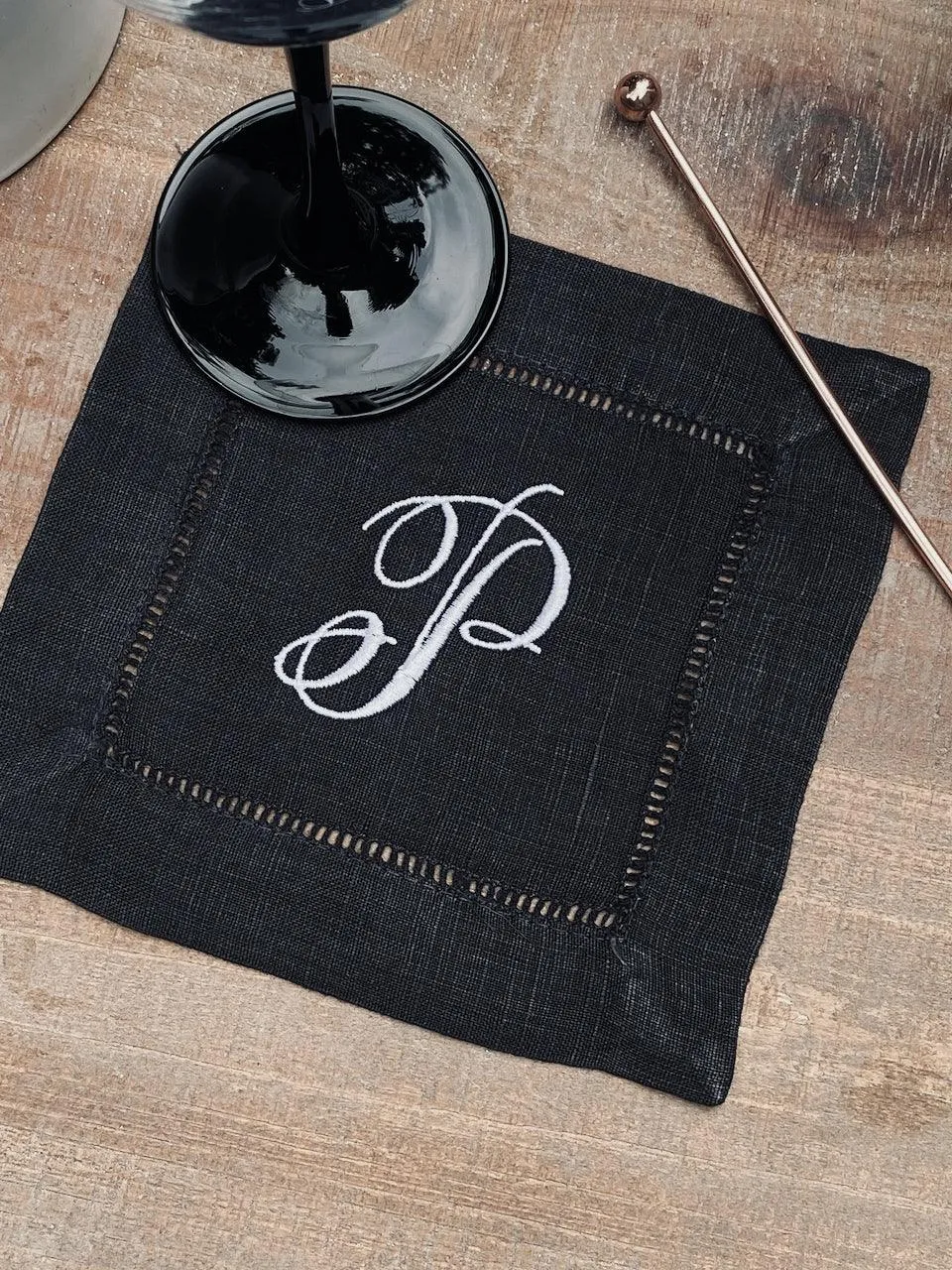 Black Monogrammed Linen Cocktail Napkins, Set of 4