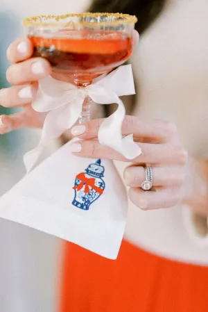 Blue and White Ginger Jar with Bow Embroidered Cocktail Napkins