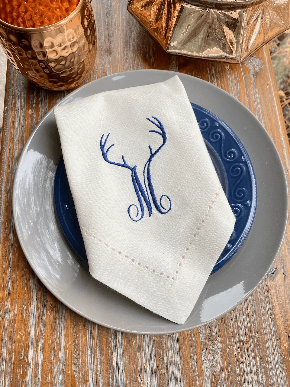 Deer Antler Monogrammed Embroidered Cloth Napkins