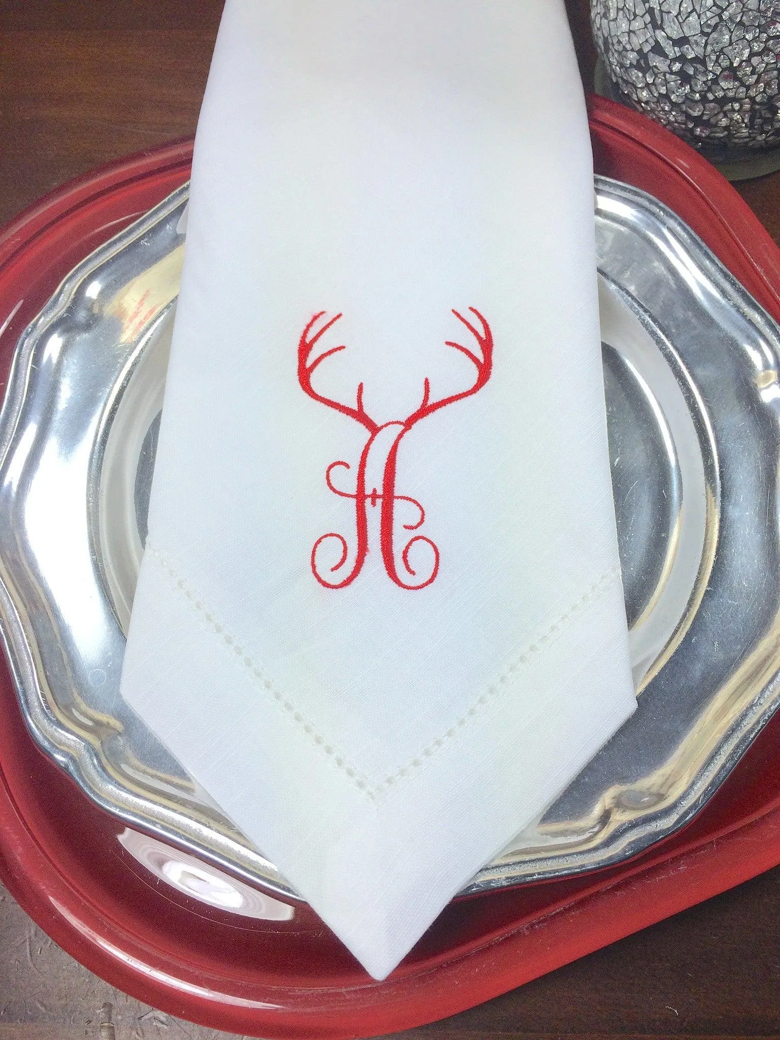 Deer Antler Monogrammed Embroidered Cloth Napkins