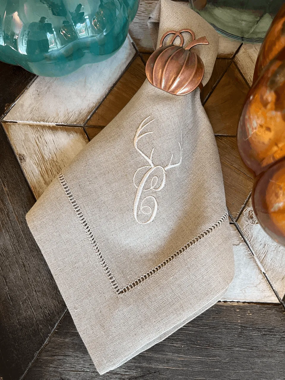 Deer Antler Monogrammed Embroidered Cloth Napkins