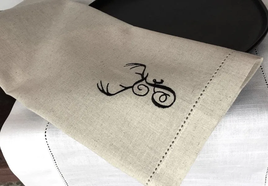 Deer Antler Monogrammed Embroidered Cloth Napkins