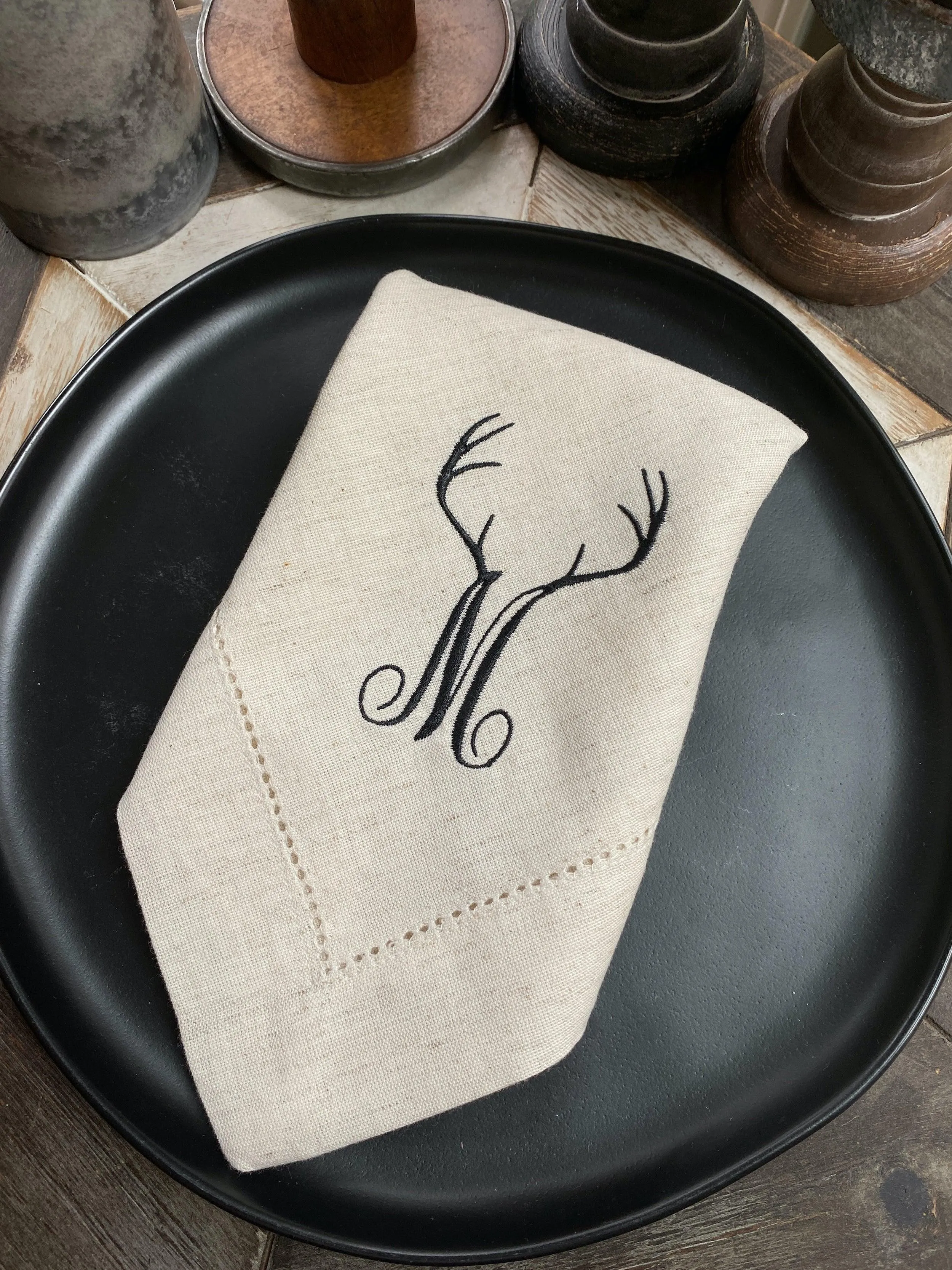 Deer Antler Monogrammed Embroidered Cloth Napkins