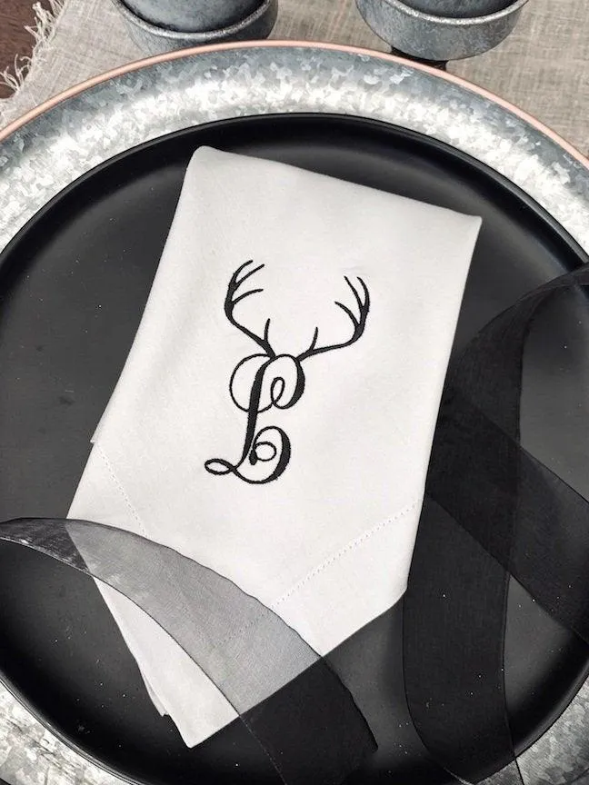 Deer Antler Monogrammed Embroidered Cloth Napkins