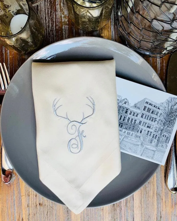 Deer Antler Monogrammed Embroidered Cloth Napkins