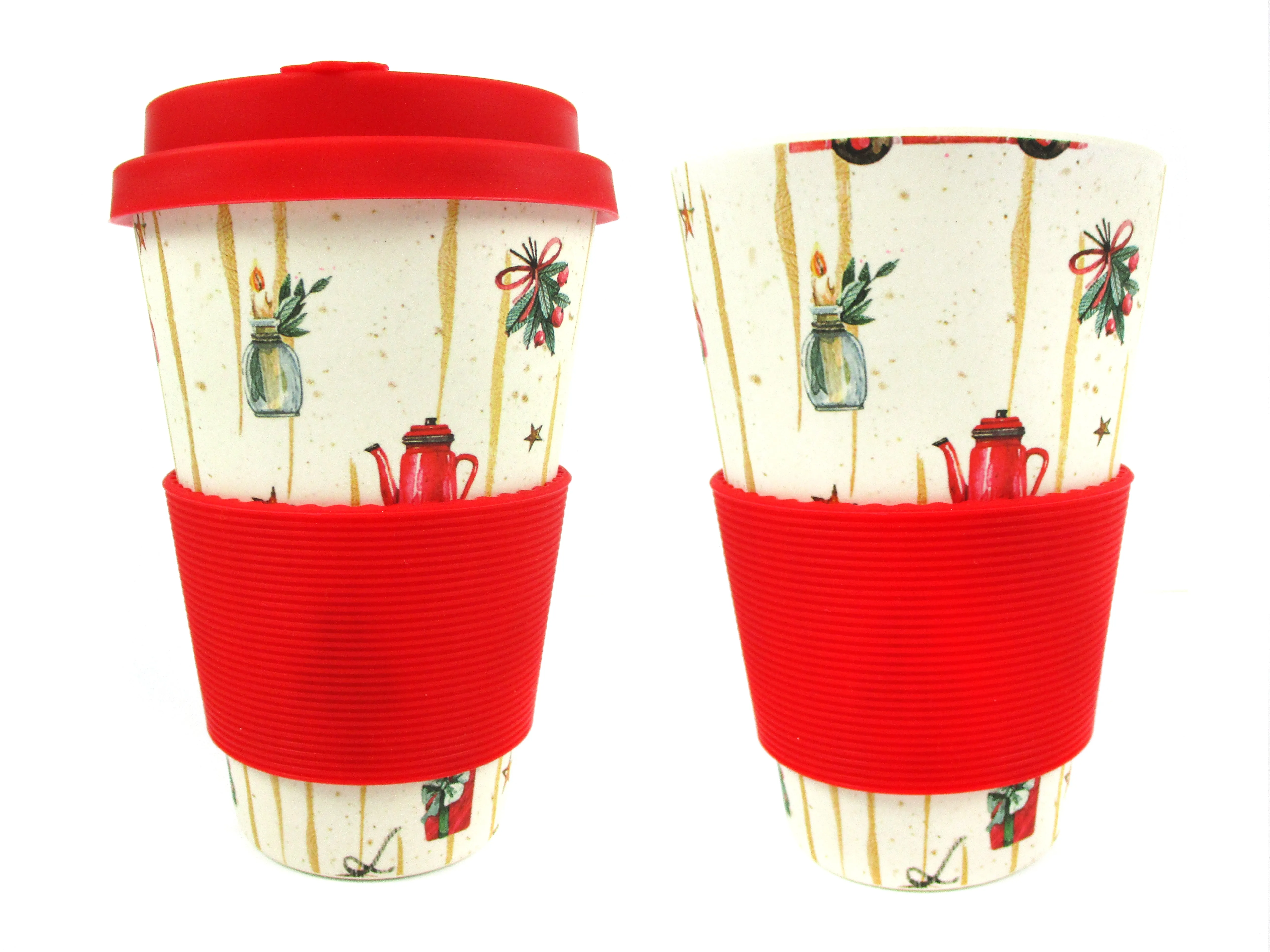 Eco-Friendly Reusable Plant Fiber 14 oz Travel Mug with Christmas Vintage Red Truck Barnyard Style Design