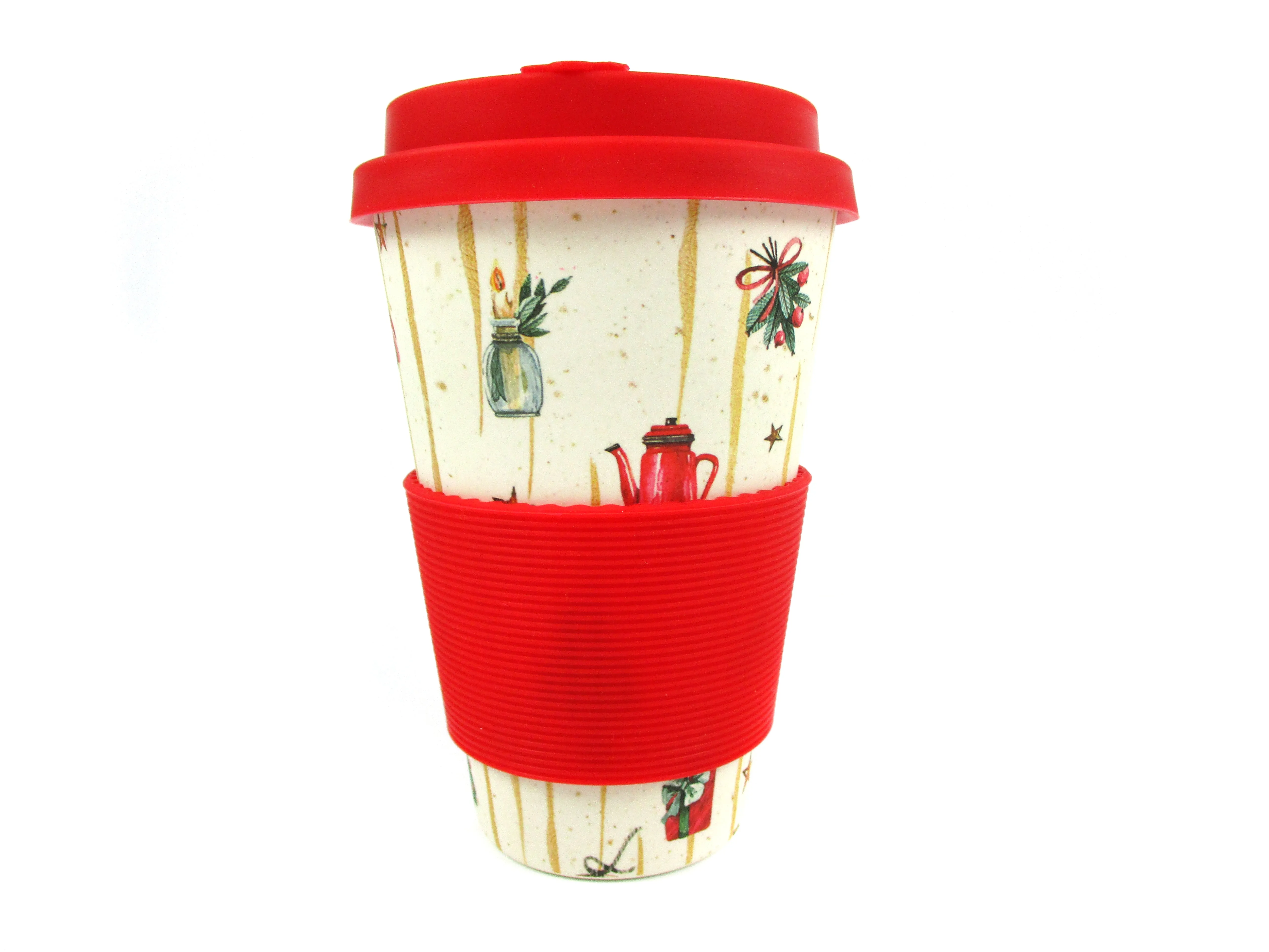 Eco-Friendly Reusable Plant Fiber 14 oz Travel Mug with Christmas Vintage Red Truck Barnyard Style Design