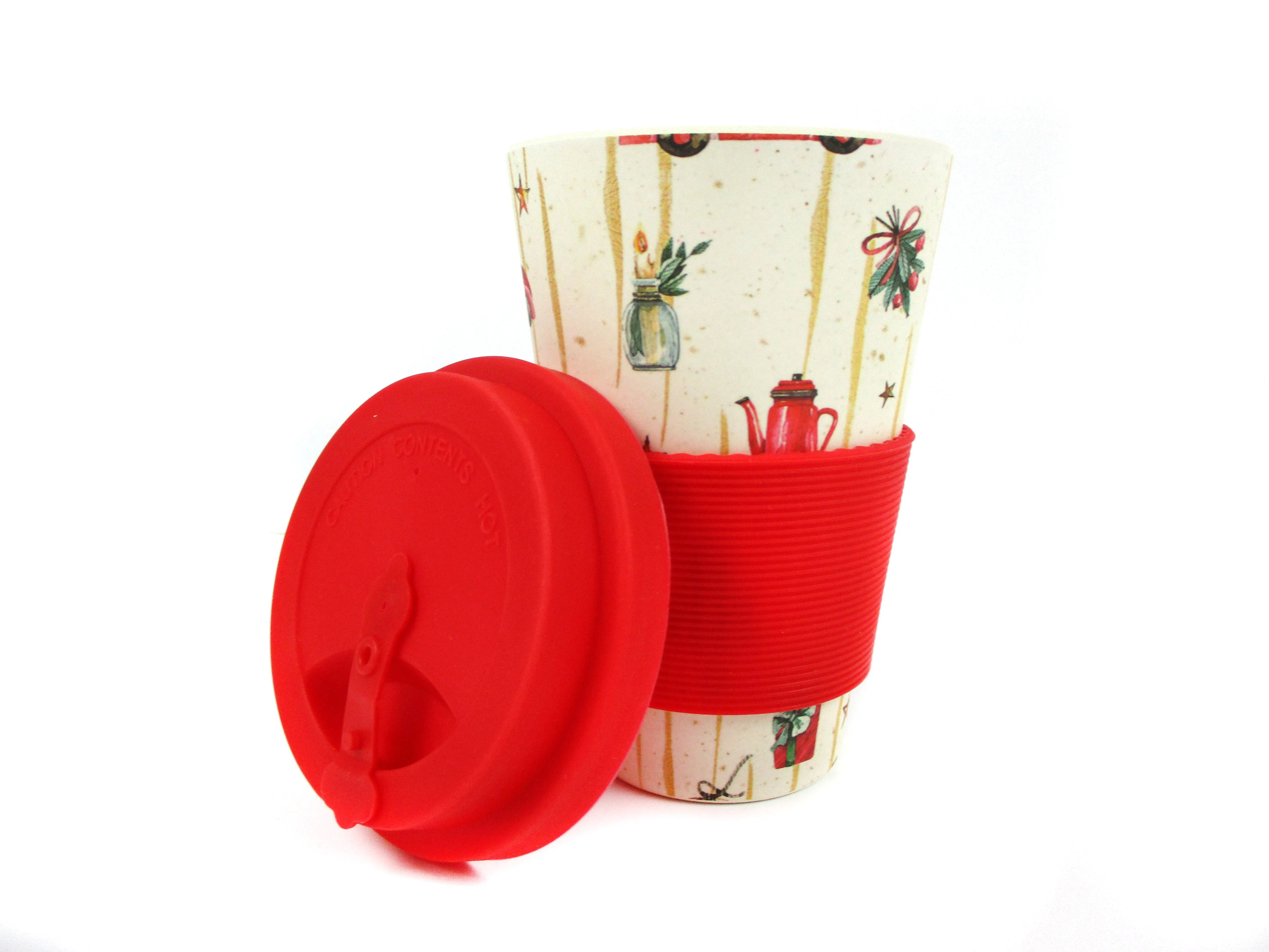 Eco-Friendly Reusable Plant Fiber 14 oz Travel Mug with Christmas Vintage Red Truck Barnyard Style Design