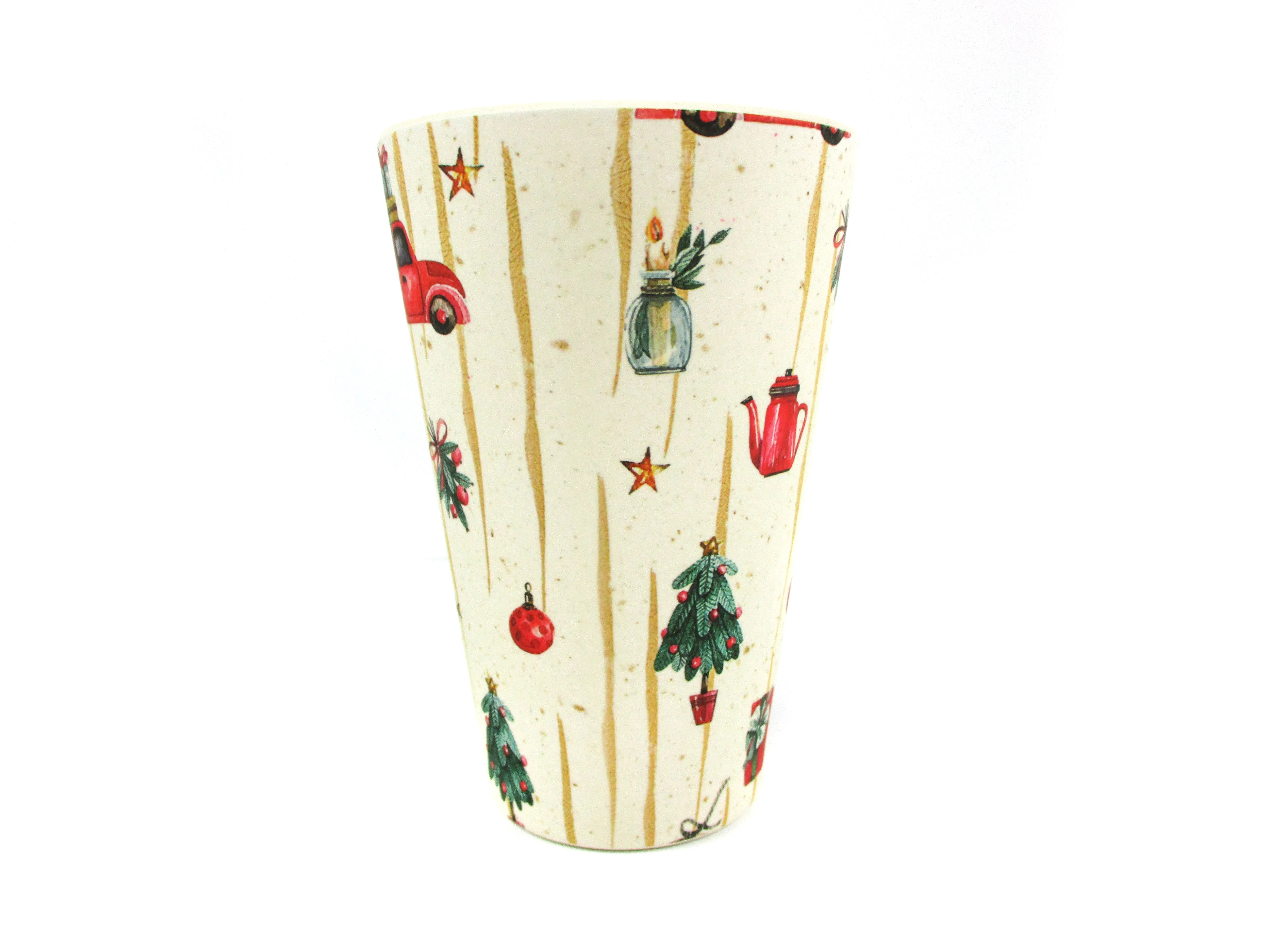 Eco-Friendly Reusable Plant Fiber 14 oz Travel Mug with Christmas Vintage Red Truck Barnyard Style Design