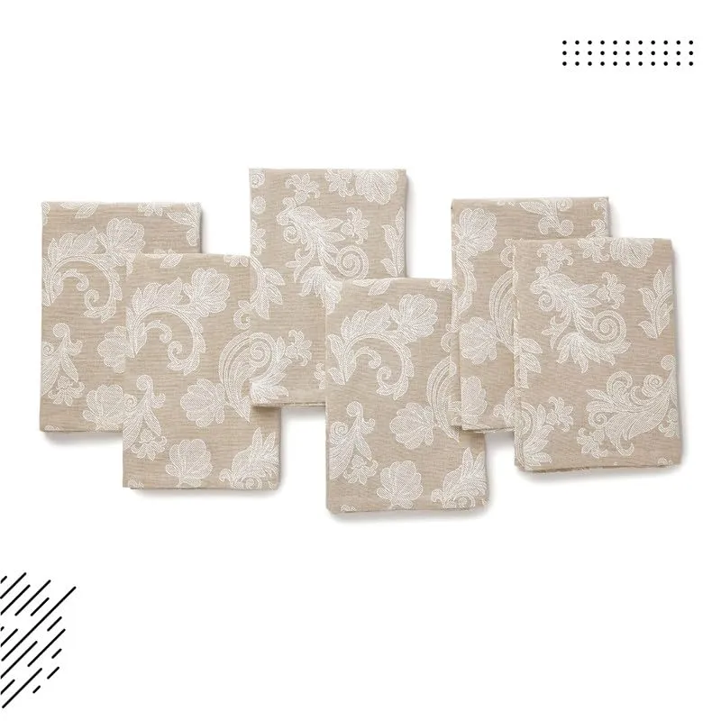 Encasa Dining Table Napkins Set of 6 I Size 45x45 cm I Floral Beige Jacquard Style Print on Homespun Cotton I Fast Colours, Machine Washable