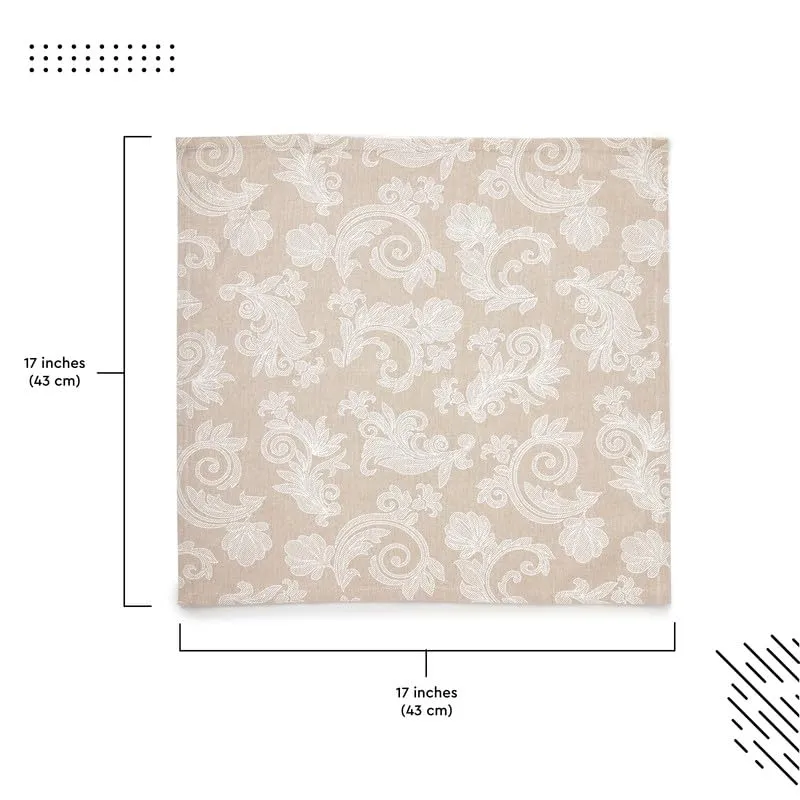 Encasa Dining Table Napkins Set of 6 I Size 45x45 cm I Floral Beige Jacquard Style Print on Homespun Cotton I Fast Colours, Machine Washable