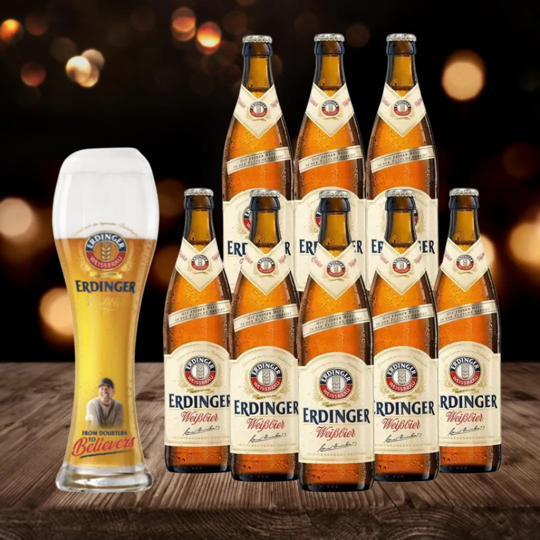 Erdinger Weissbier German Wheat Beer 500ml Bottles with Klopp Glass - 5.3% ABV (8 Pack)