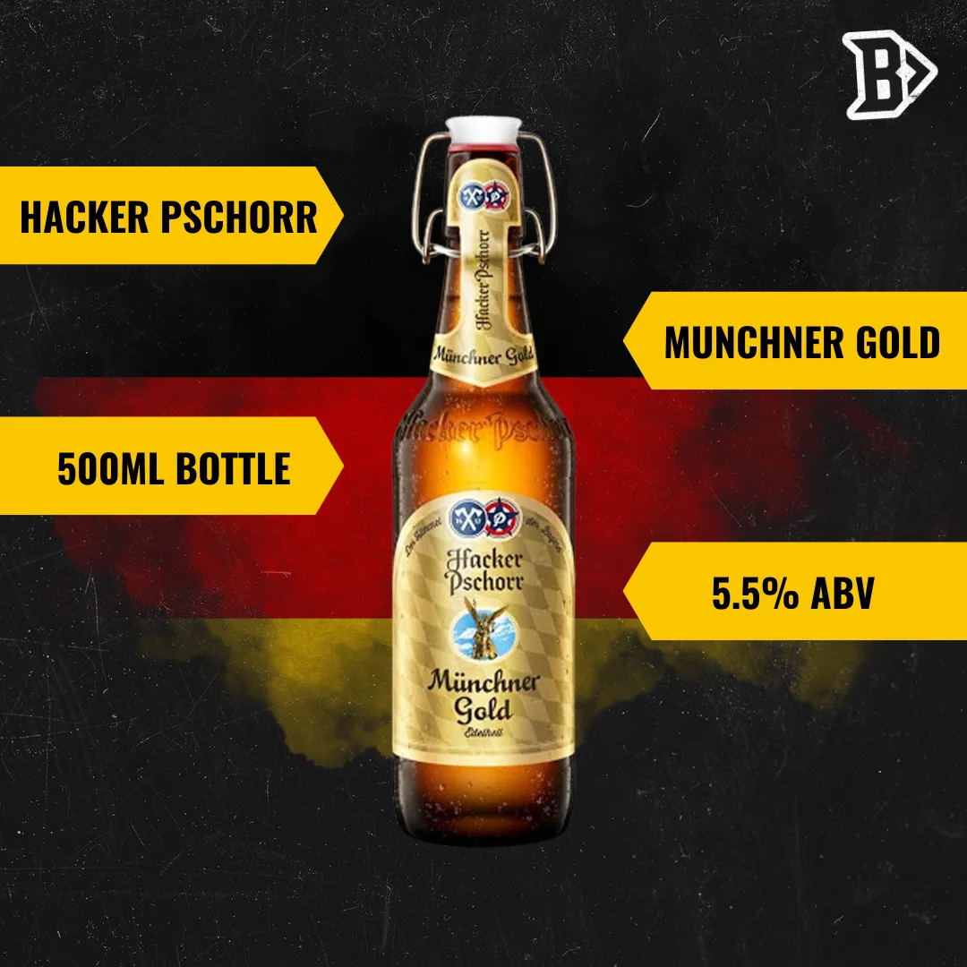 Hacker Pschorr Münchner Gold German Helles Lager 500ml Bottles - 5.5% ABV (12 Pack)