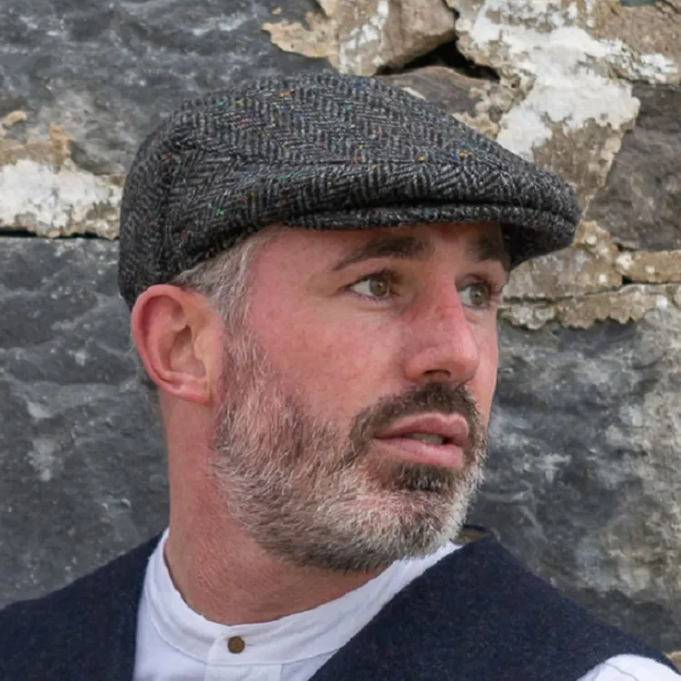 Hanna Donegal Tweed Touring Cap - Charcoal with Colourful Flecks