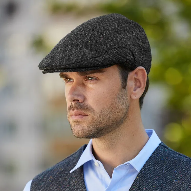 Hanna Donegal Tweed Touring Cap - Charcoal with Colourful Flecks