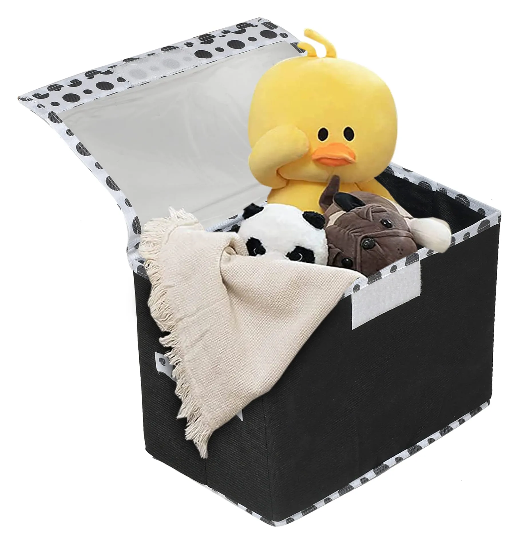 Heart Home Dot Printed Foldable Small Non-Woven Storage Box/Bin For Books, Towels, Magazines, DVDs & More With Tranasparent Lid (Black) -44HH0410