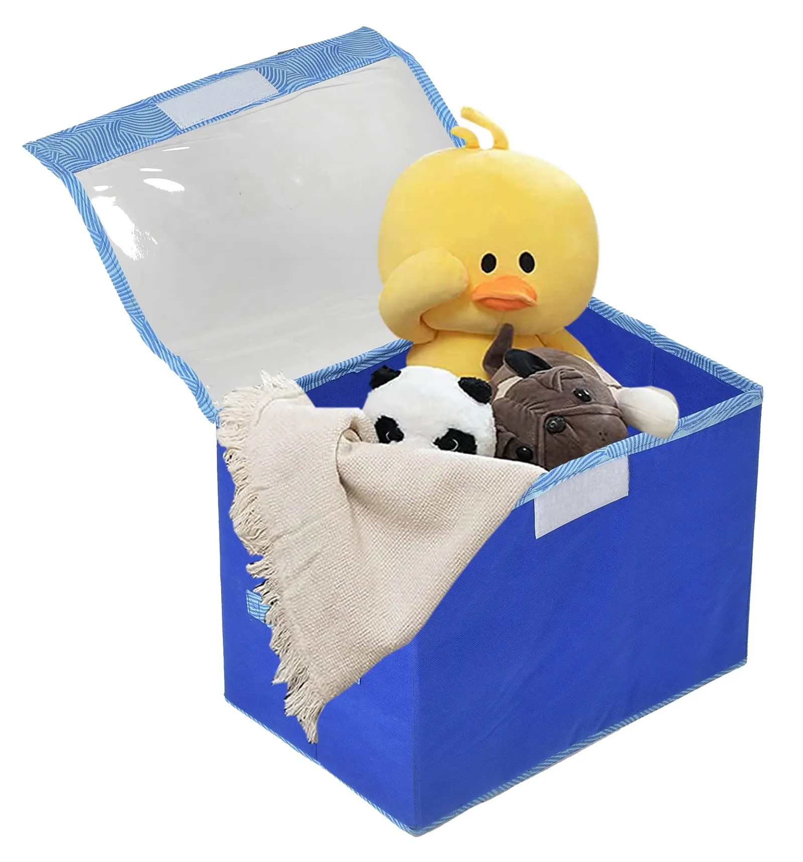 Heart Home Lehariya Printed Multiuses 3 Different Sizes Non-Woven Storage Box/Organizer With Tranasparent Lid- Set of 3 (Blue) -44HH0467