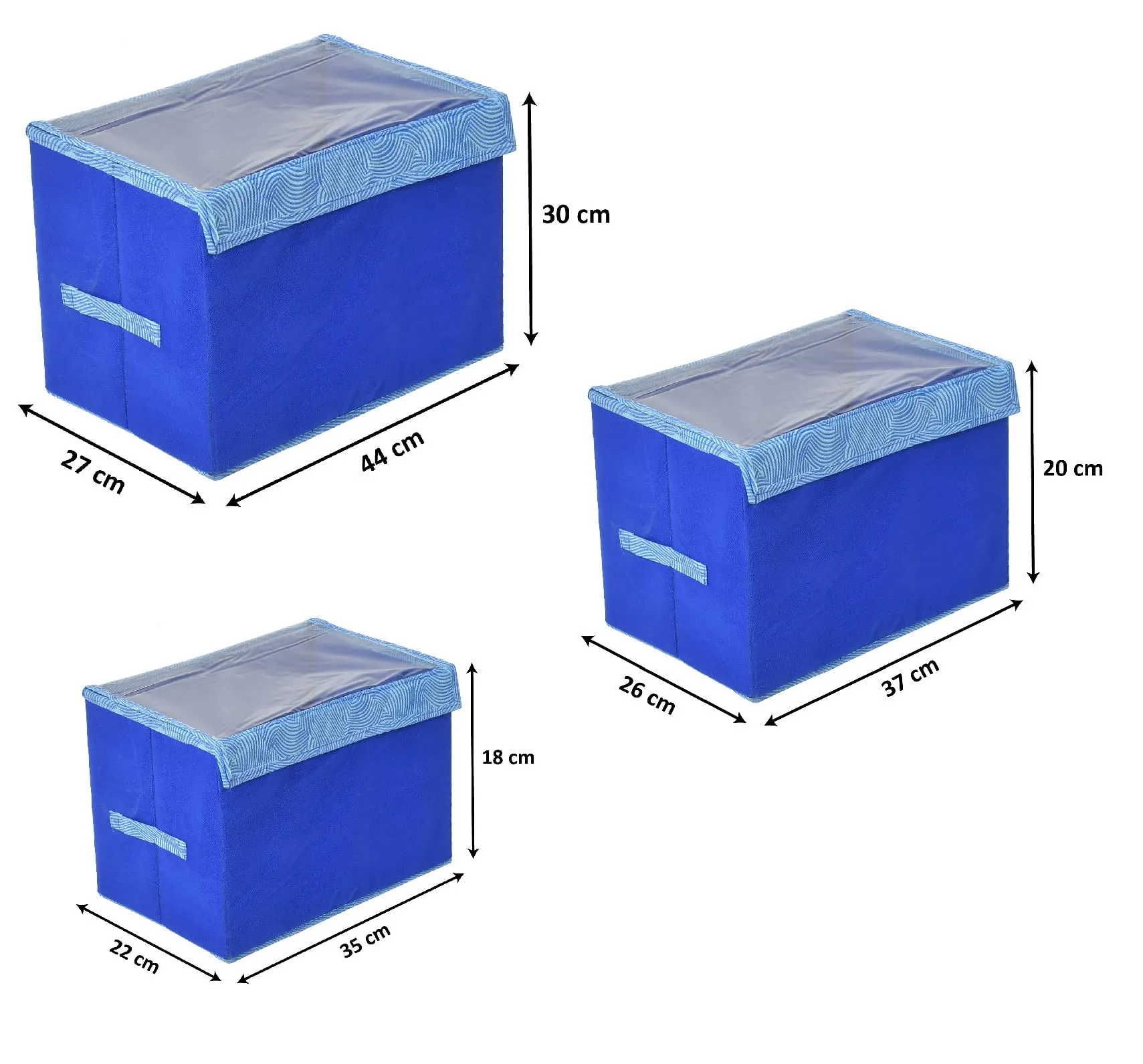 Heart Home Lehariya Printed Multiuses 3 Different Sizes Non-Woven Storage Box/Organizer With Tranasparent Lid- Set of 3 (Blue) -44HH0467