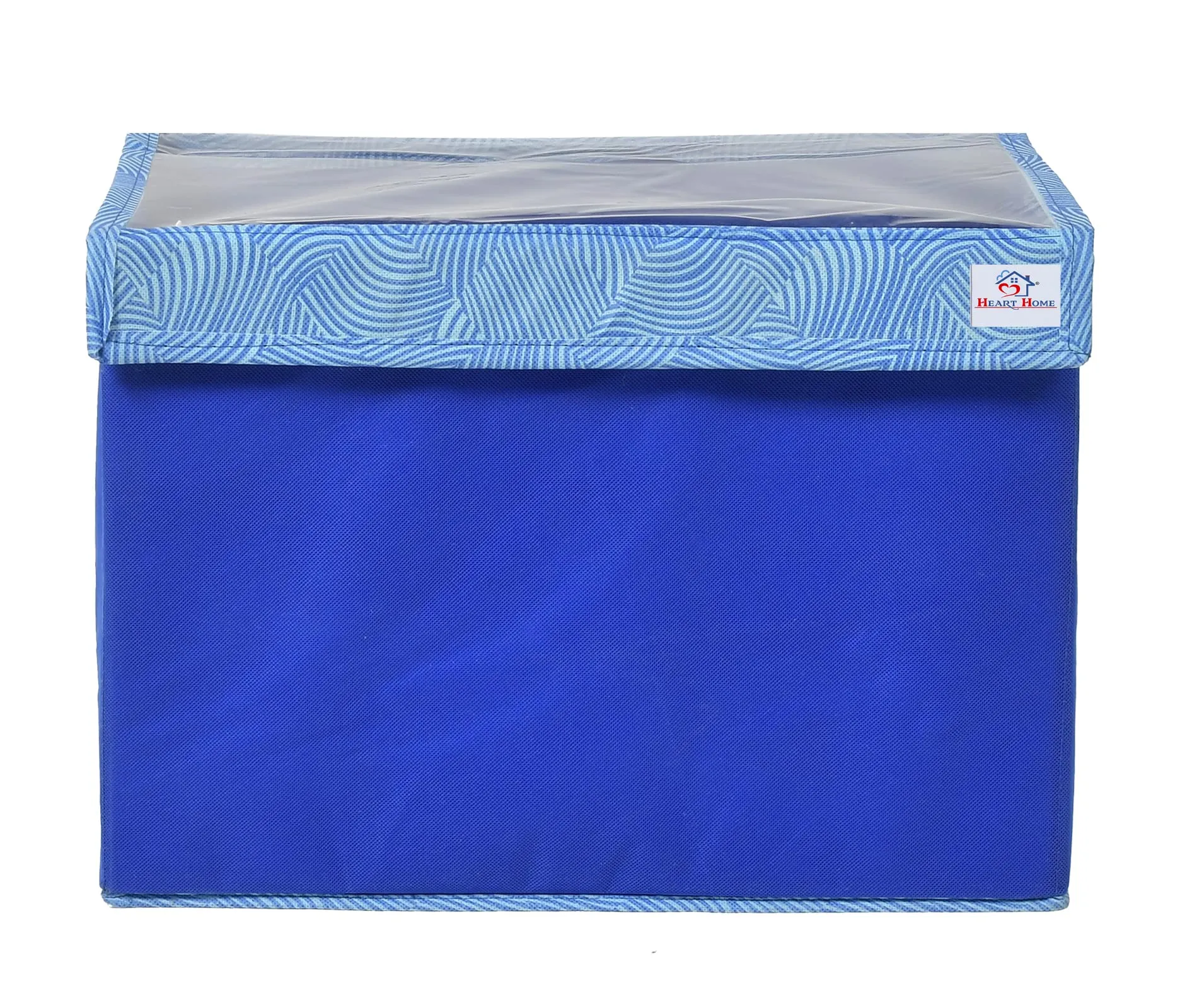 Heart Home Lehariya Printed Multiuses 3 Different Sizes Non-Woven Storage Box/Organizer With Tranasparent Lid- Set of 3 (Blue) -44HH0467