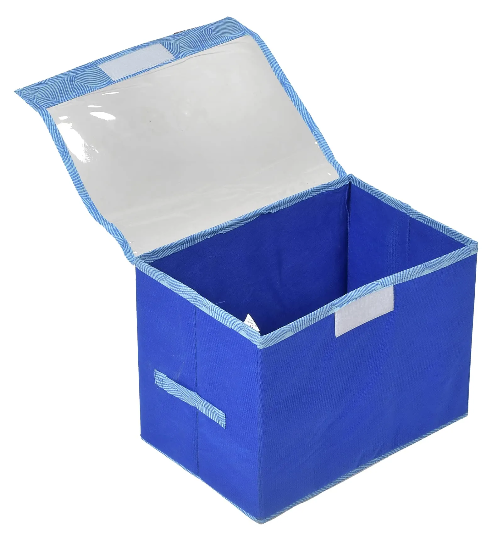 Heart Home Lehariya Printed Multiuses 3 Different Sizes Non-Woven Storage Box/Organizer With Tranasparent Lid- Set of 3 (Blue) -44HH0467