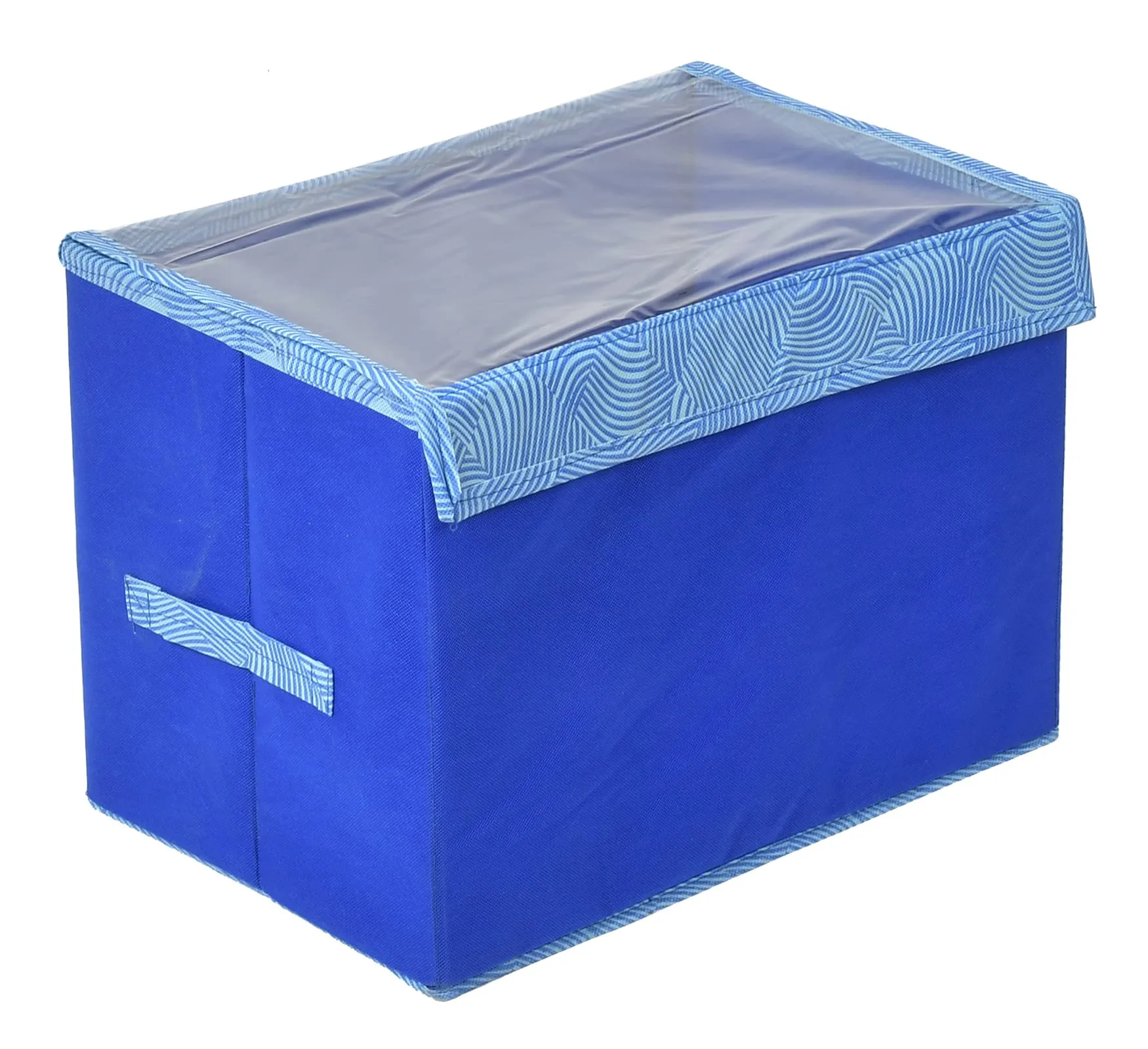 Heart Home Lehariya Printed Multiuses 3 Different Sizes Non-Woven Storage Box/Organizer With Tranasparent Lid- Set of 3 (Blue) -44HH0467