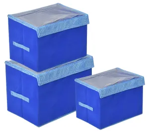 Heart Home Lehariya Printed Multiuses 3 Different Sizes Non-Woven Storage Box/Organizer With Tranasparent Lid- Set of 3 (Blue) -44HH0467