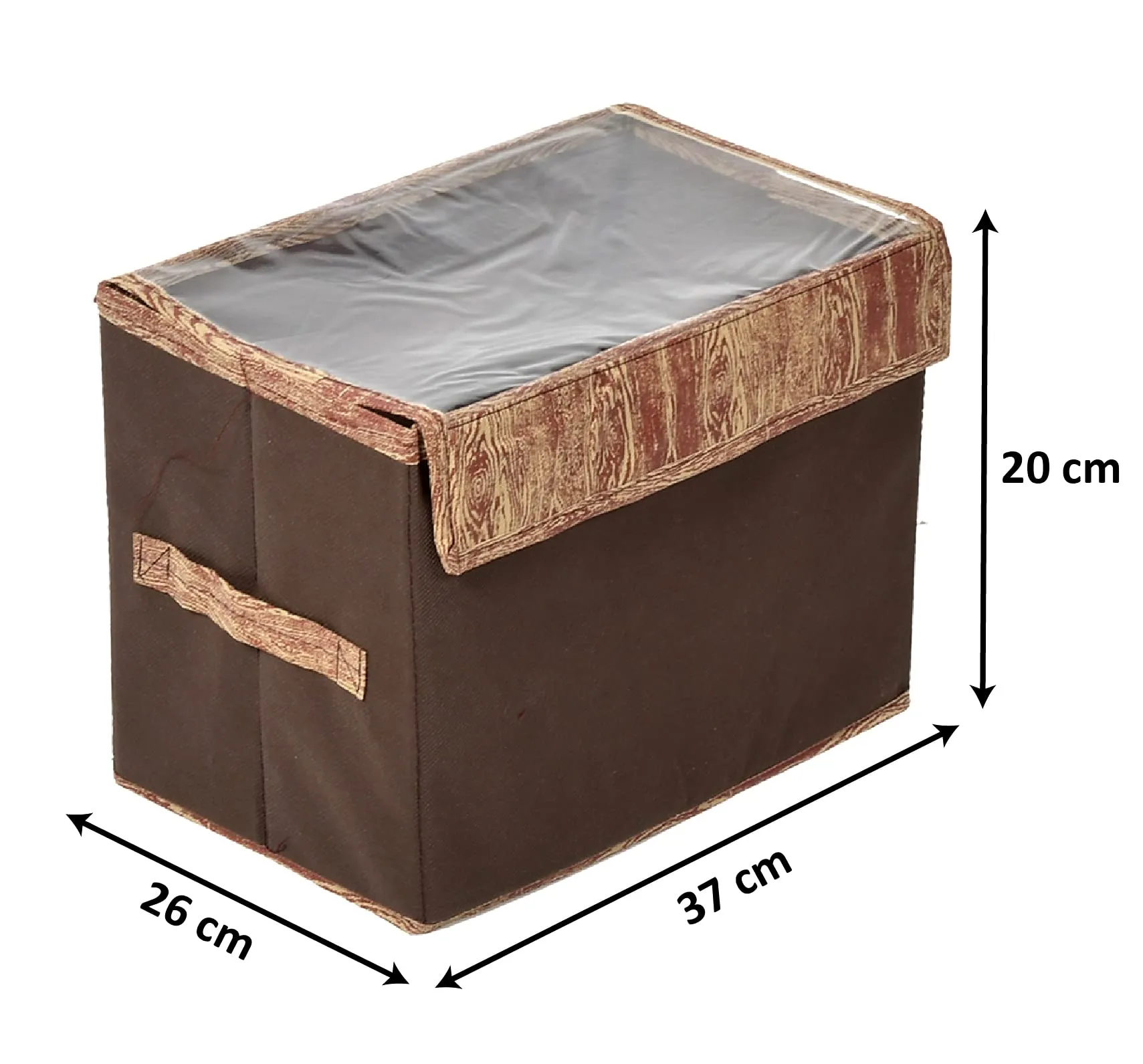 Heart Home Wooden Design Foldable Medium Non-Woven Storage Box/Bin For Books, Towels, Magazines, DVDs & More With Tranasparent Lid (Brown) -44HH0436