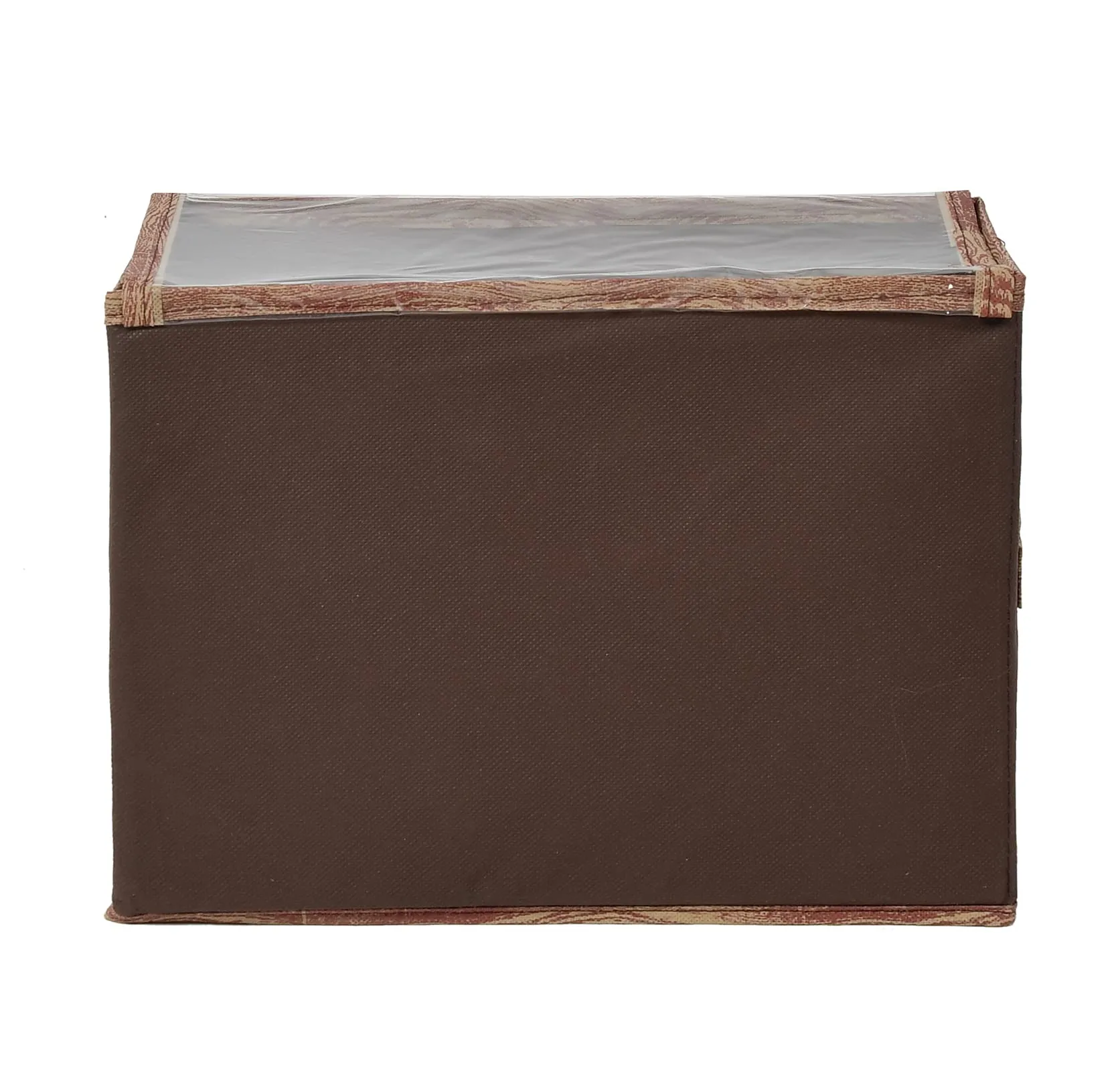 Heart Home Wooden Design Foldable Medium Non-Woven Storage Box/Bin For Books, Towels, Magazines, DVDs & More With Tranasparent Lid (Brown) -44HH0436