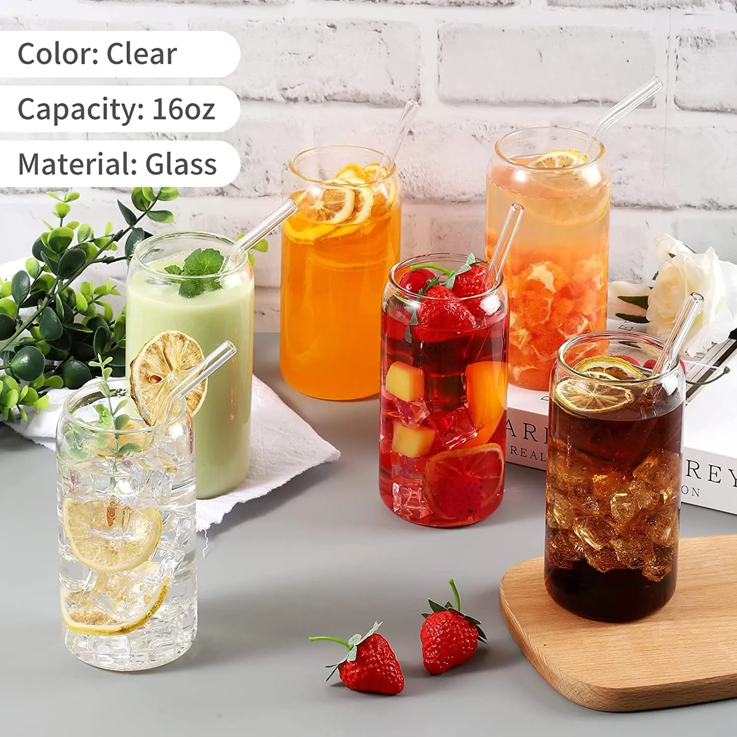 KiKiluxxa Transparent Round Glass Green Tea and Cold Coffee Can Mug with Lid and Straw Set of 1-540ml for Beer Soda Drinking Fruit Juice Milk Glass Sipper Tumbler Cup (540ml Lid Tea Can 1)