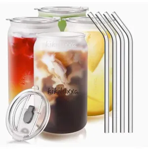 KiKiluxxa Transparent Round Glass Green Tea and Cold Coffee Can Mug with Lid and Straw Set of 1-540ml for Beer Soda Drinking Fruit Juice Milk Glass Sipper Tumbler Cup (540ml Lid Tea Can 1)