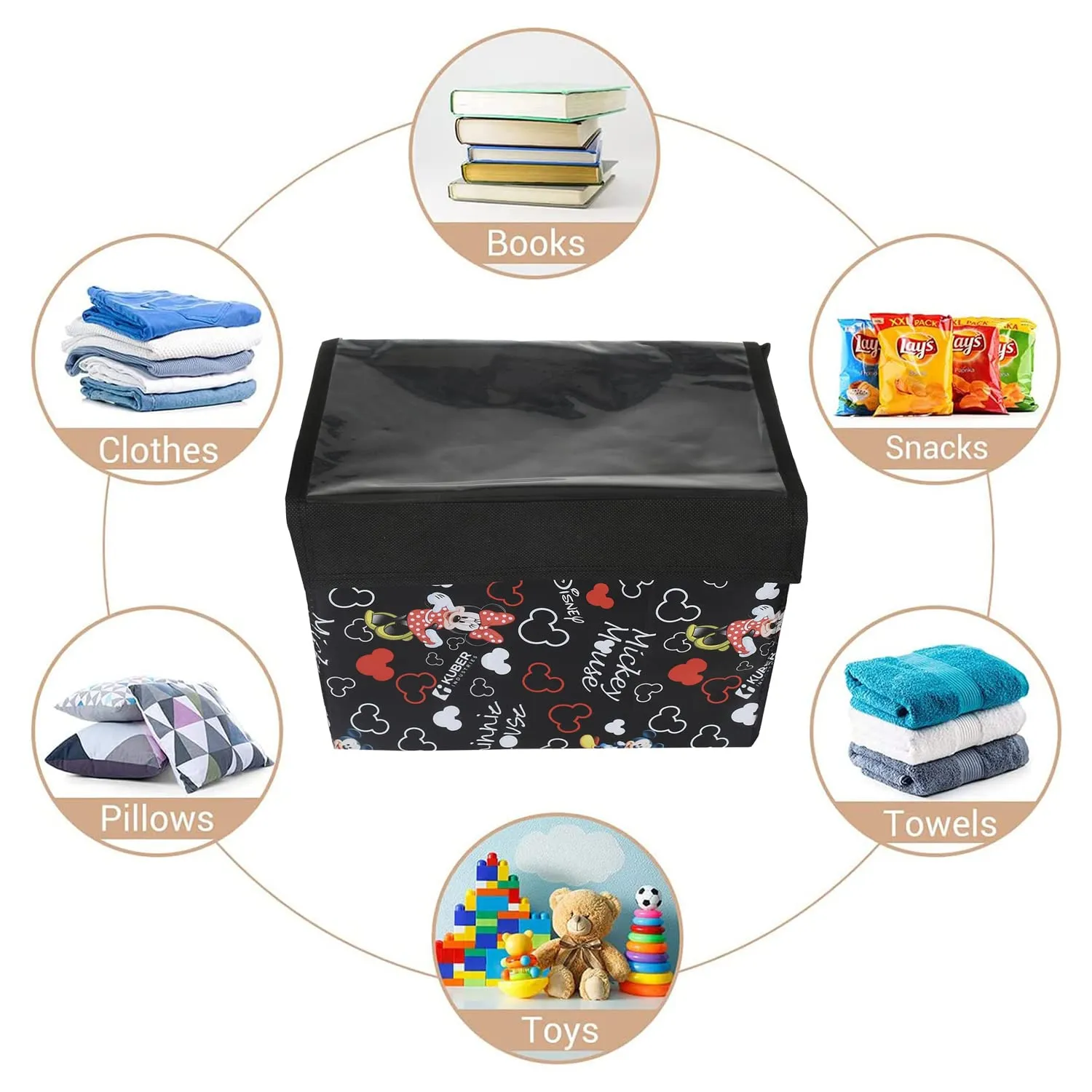 Kuber Industries Disney Minnie Storage Box|Non-Woven Foldable Small Storage Organizer for Toys|Cloths with Transparent Lid & Handle|Pack of 2 (Black)