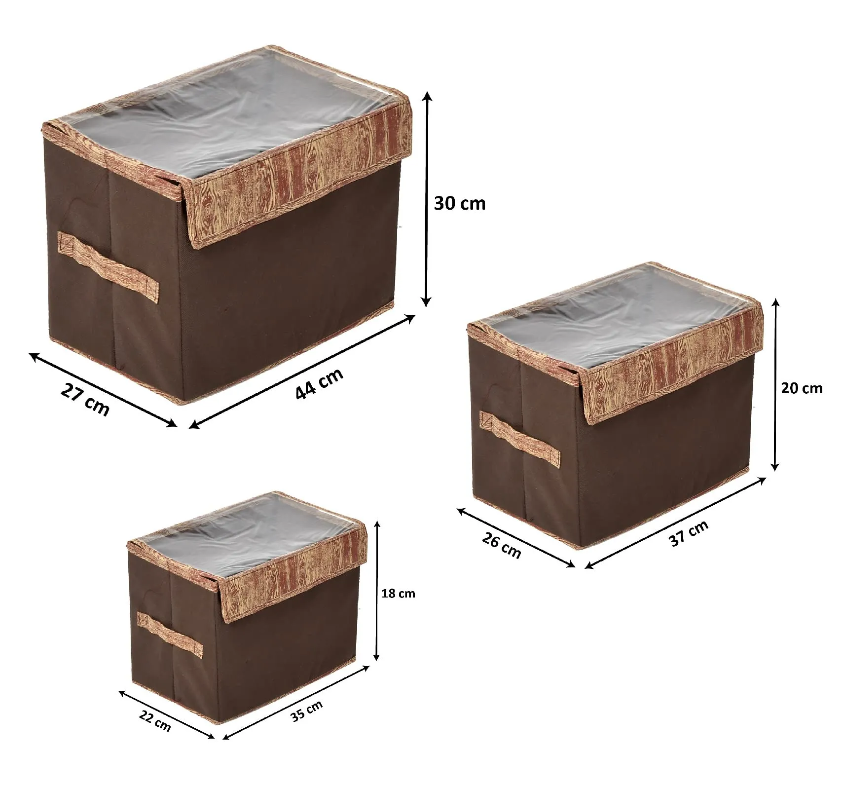 Kuber Industries Wooden Design Multiuses 3 Different Sizes Non-Woven Storage Box/Organizer With Tranasparent Lid- Set of 3 (Brown) -44KM0447