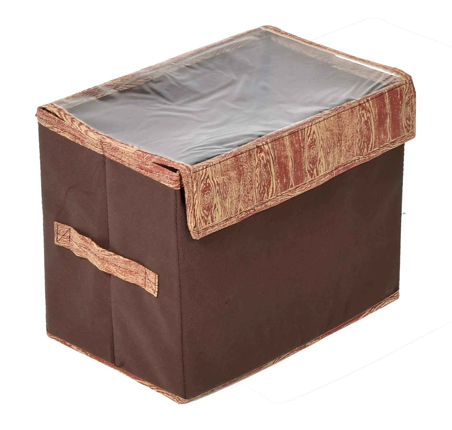 Kuber Industries Wooden Design Multiuses 3 Different Sizes Non-Woven Storage Box/Organizer With Tranasparent Lid- Set of 3 (Brown) -44KM0447