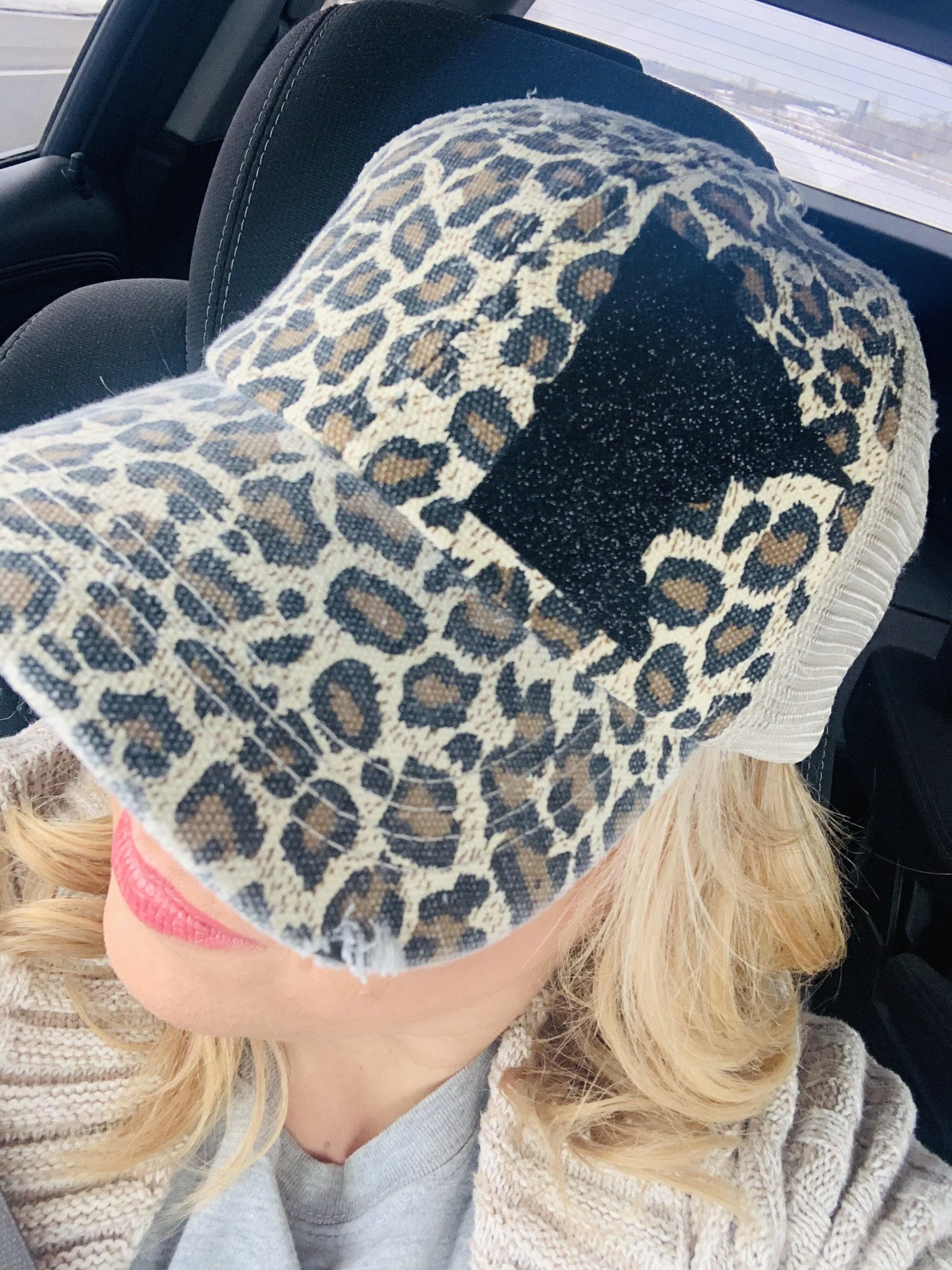 Leopard print state hats Minnesota or any state Baseball trucker cap animal print White metallic foil animal print Distressed brown vintage caps