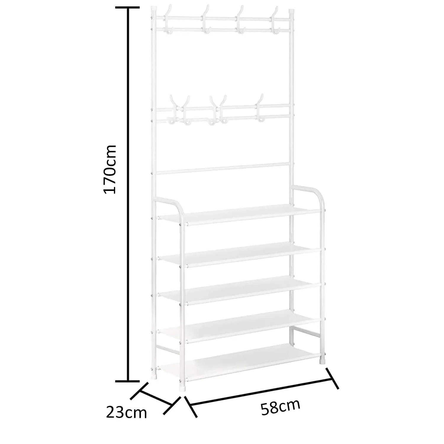 LEOPAX Bench Garment Rack with Shoe Rack, Multifunctional Cloth Stand with Shoe Shelf Organizer with 5-Tier & 8 Hooks, Coat Rack for Bedroom, Hallway, Entryway-Size 58x23x170cm-Metallic White