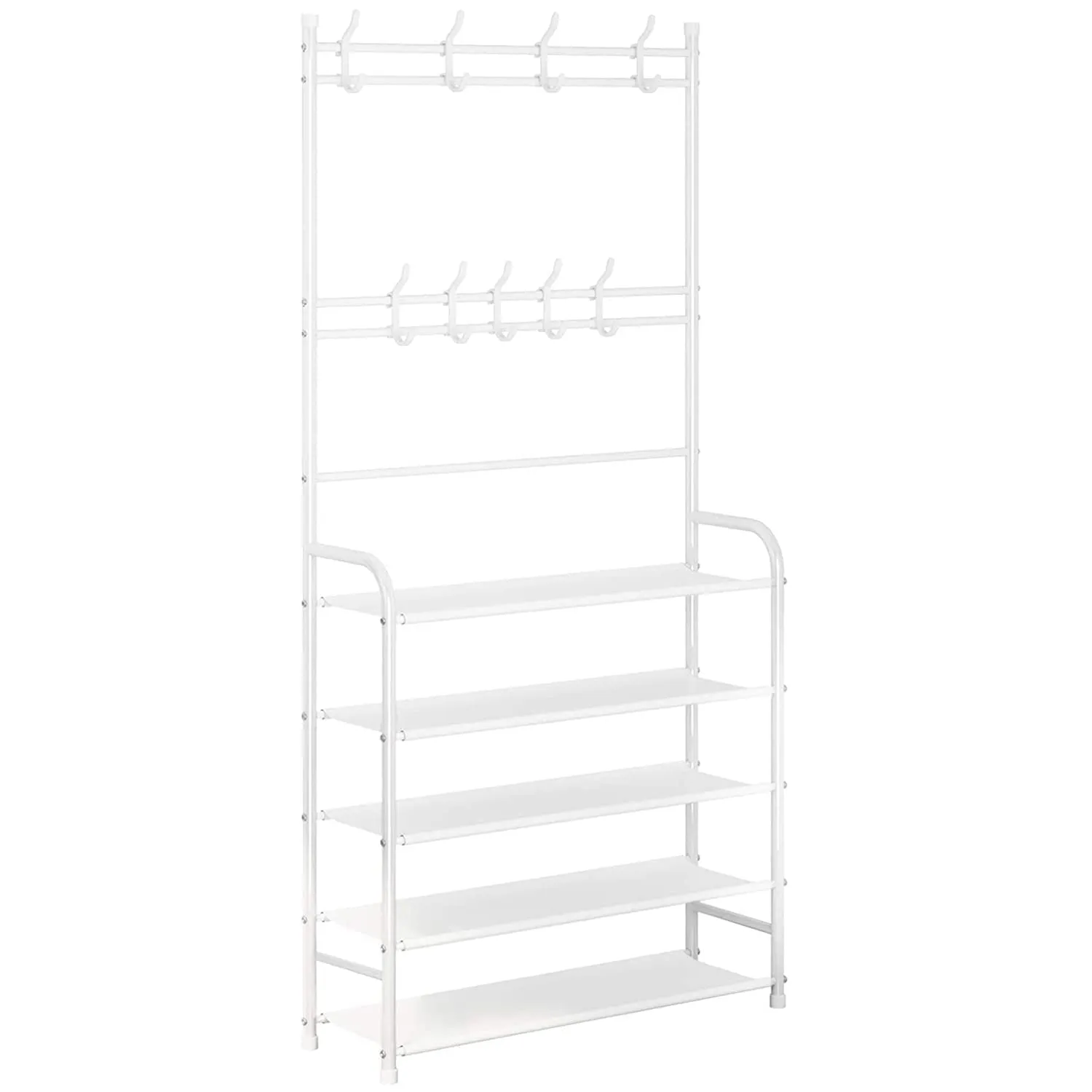 LEOPAX Bench Garment Rack with Shoe Rack, Multifunctional Cloth Stand with Shoe Shelf Organizer with 5-Tier & 8 Hooks, Coat Rack for Bedroom, Hallway, Entryway-Size 58x23x170cm-Metallic White