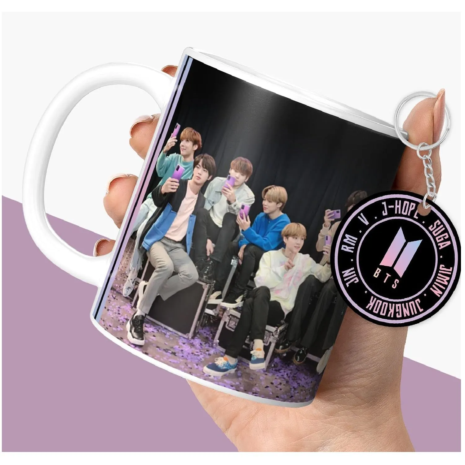 NH10 DESIGNS BTS Printed Mug with Keychain for Girls Boys Birthday Gift for Friends BTS Music Band V Suga J-Hope Jungkook Jin Jimin Rm, BTS Mug (Coffee Mug-350ml) -B61WMK 23 (Ceramic)