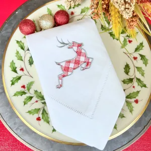 Plaid Reindeer Napkins, Set of 4, Christmas cloth napkins, Plaid napkins, Reindeer embroidered napkins