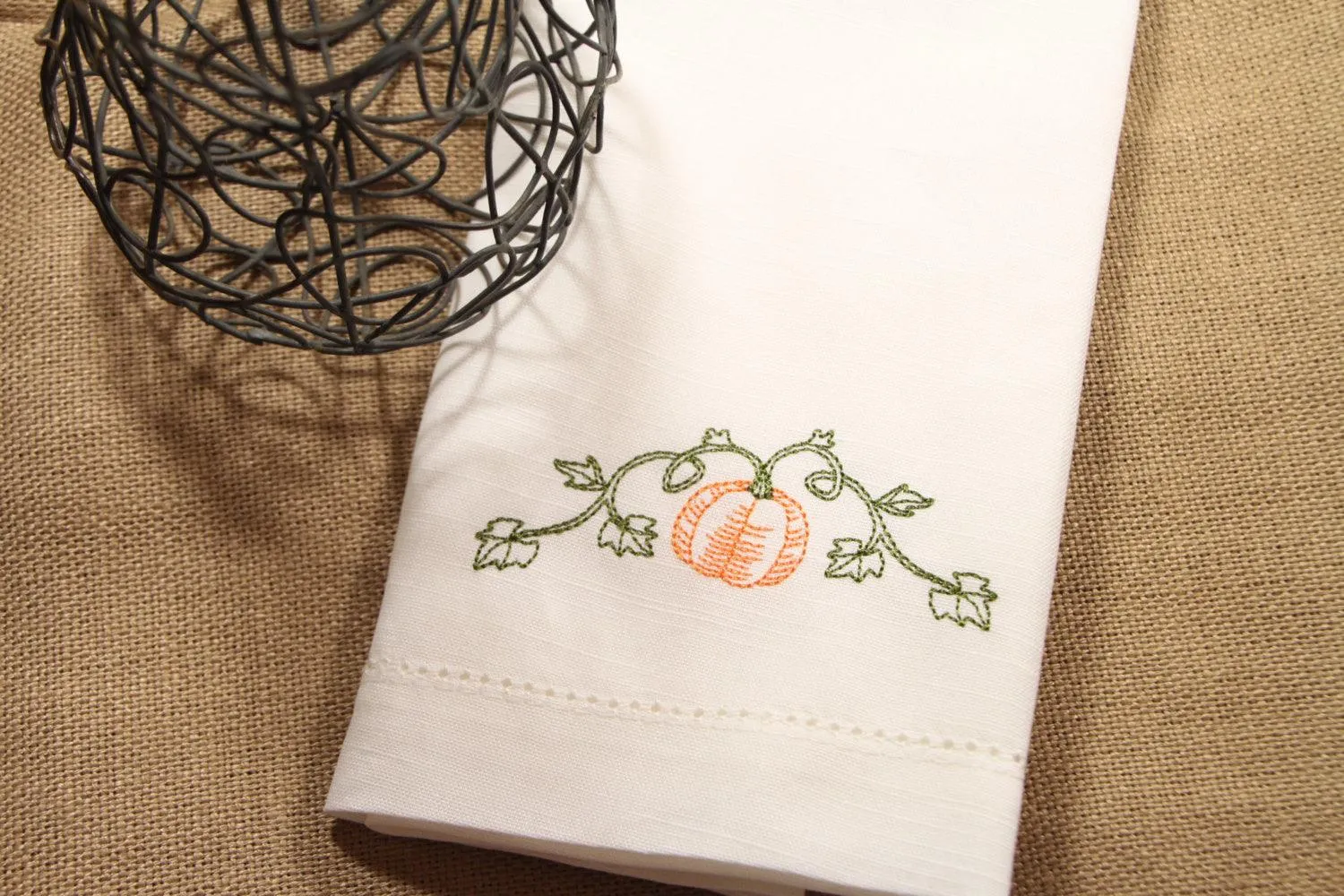 Pumpkin Vine Embroidered Cloth Dinner Napkins - Set of 4 napkins