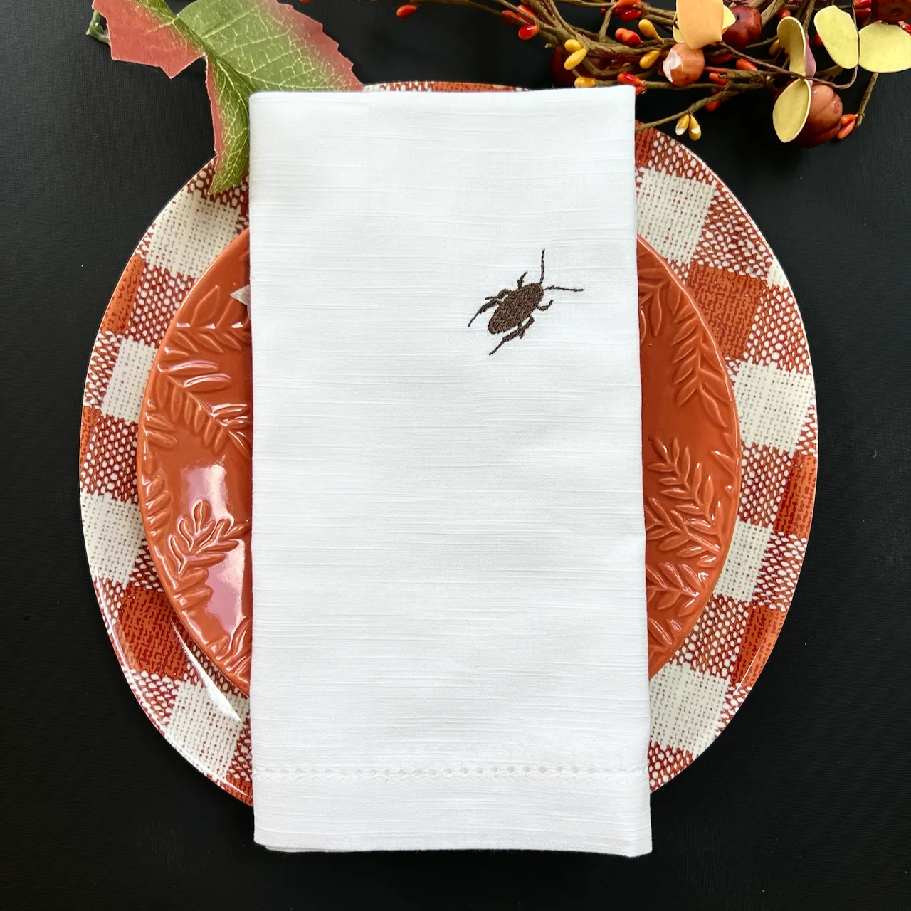 Roach Embroidered Napkins, Set of 4, Eeek! Creepy Halloween Cloth Napkins